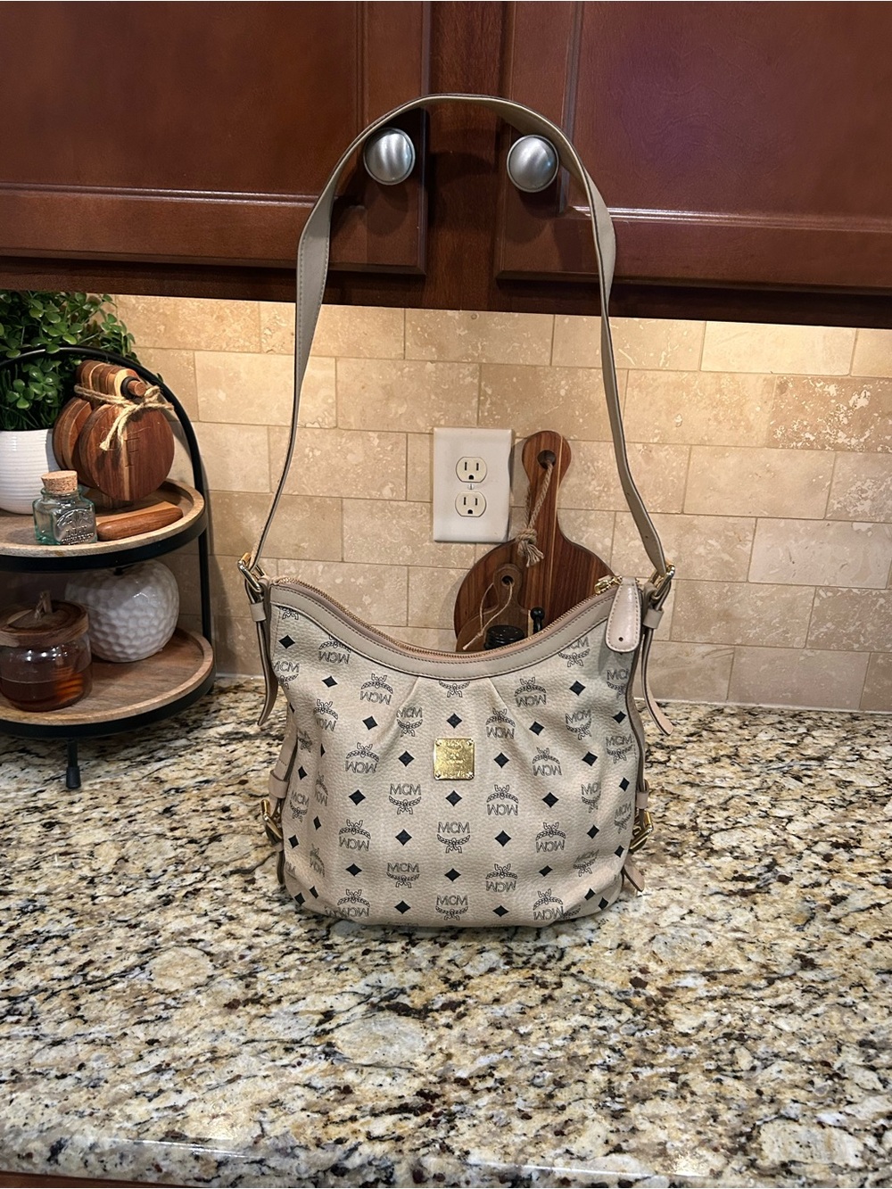 Mcm Visetos Monogram Beige Medium Shoulder Hobo Bag With lock no key